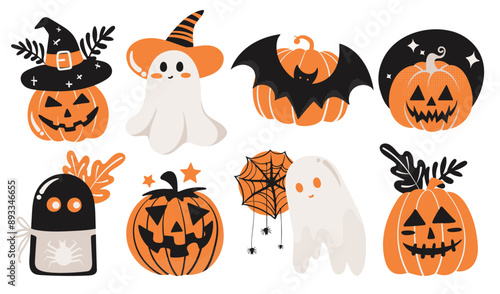 Set of isolated Halloween decoration elements for sticker, badge, tag or label in cute graphic illustration style on transparent background, Volume 7: vivid orange, beige and black color tone.