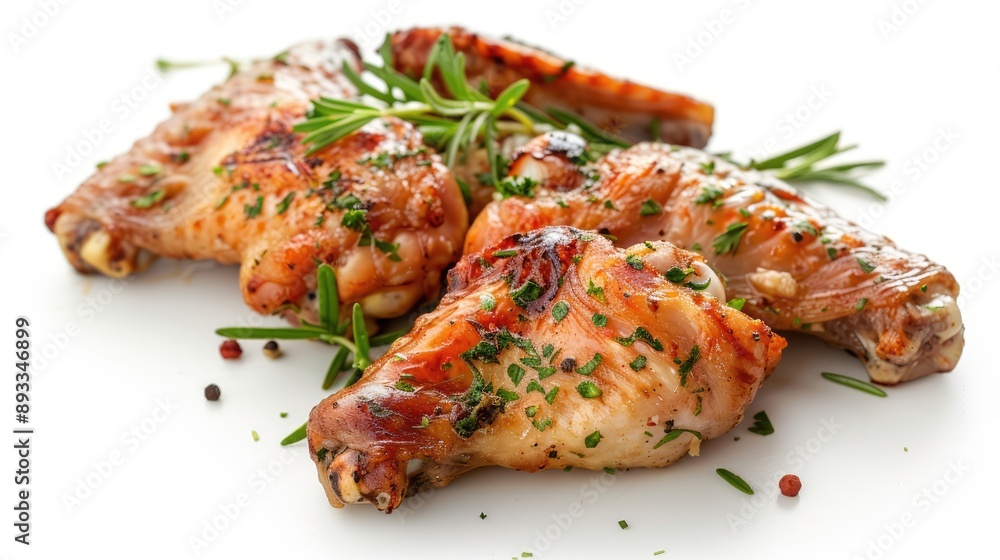 Half-cooked chicken wings with herbs, fast home food on white background. Half-cooked chicken wings with herbs, fast home food on white background.
