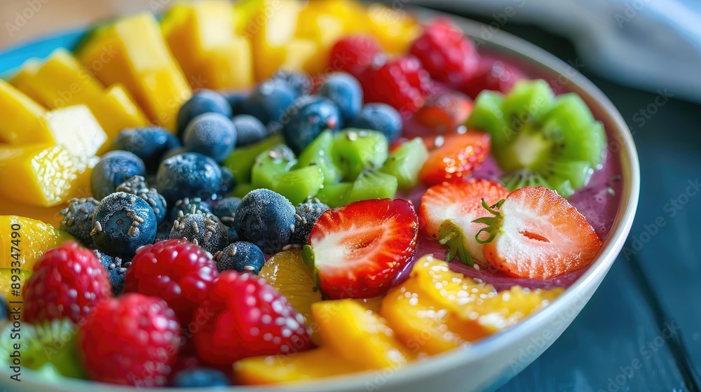 Close-up of colorful smoothie bowls with fresh fruits, healthy breakfast, nutrition, wellness Close-up of colorful smoothie bowls with fresh fruits, healthy breakfast, nutrition, wellness
