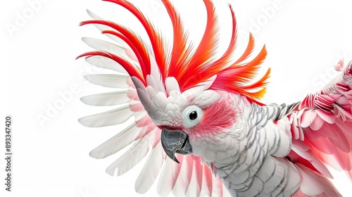A Cockatoo with vibrant pink and grey plumage, displaying its colorful feathers in a moment of pride, isolated on a white background.