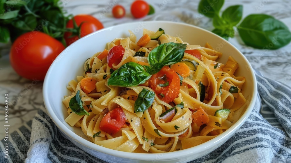 Delicious and healthy pasta dish with vegetables and herbs, Italian cuisine, balanced, homemade Delicious and healthy pasta dish with vegetables and herbs, Italian cuisine, balanced, homemade