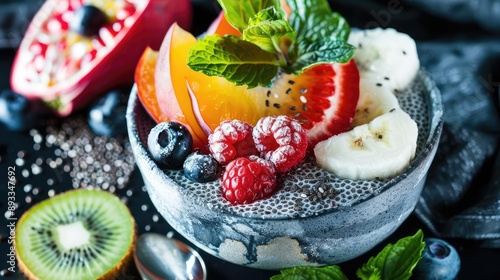 Detailed shot of a chia seed pudding with exotic fruits, superfood, dessert, health photo