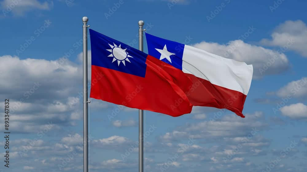 Chile and Taiwan flags flying together, video concept of the relationship, two country relations concept Chile and Taiwan flags flying together, video concept of the relationship, two country relations concept