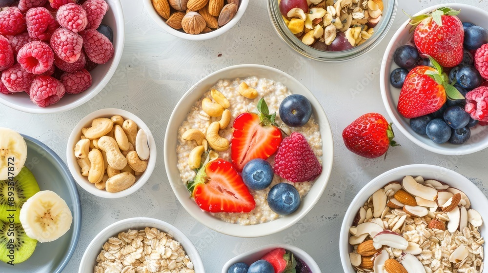 Nutritious breakfast setup with oats, fruits, and nuts, energy, wholesome, morning routine Nutritious breakfast setup with oats, fruits, and nuts, energy, wholesome, morning routine