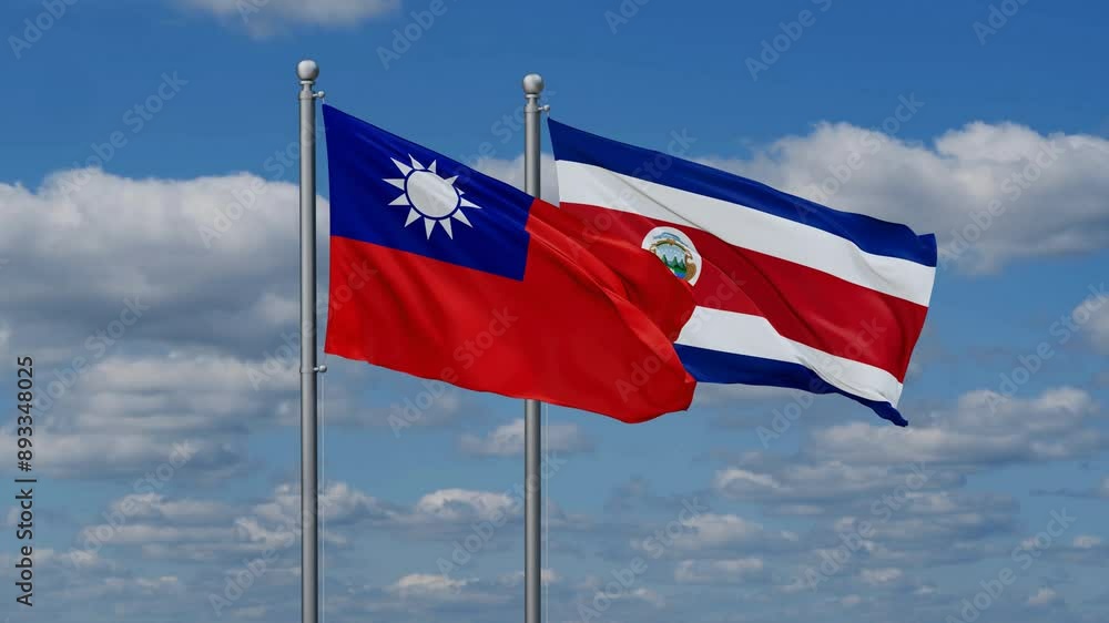 Costa Rico and Taiwan flags flying together, video concept of the relationship, two country cooperation concept Costa Rico and Taiwan flags flying together, video concept of the relationship, two country cooperation concept