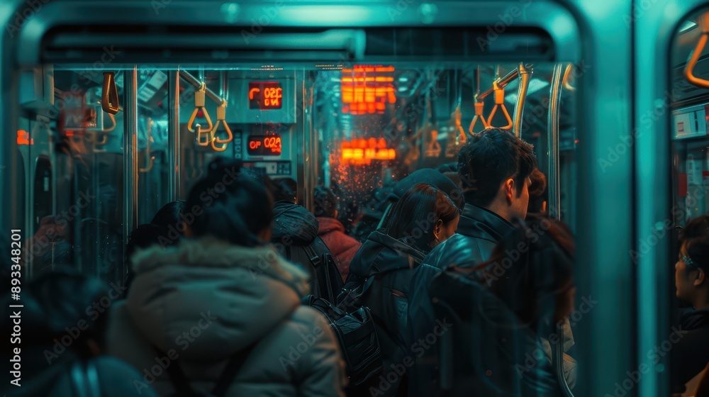 A photograph of people, standing closely in a busy train, close-up angle A photograph of people, standing closely in a busy train, close-up angle