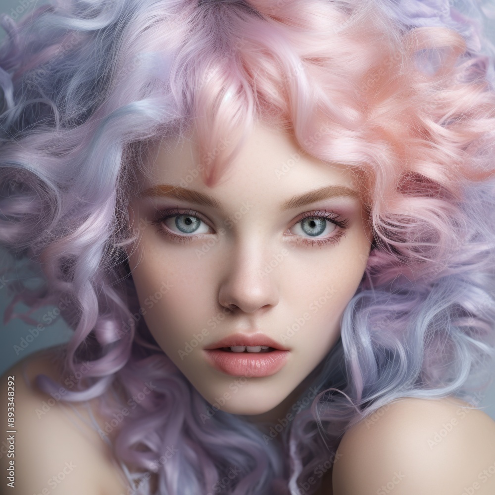 a close up of a face of a girl with green eyes, with lavender pastel cascade color hair, soft appearance a close up of a face of a girl with green eyes, with lavender pastel cascade color hair, soft appearance