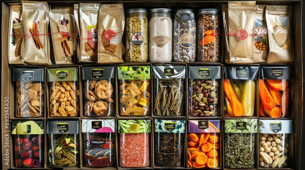 Fototapeta premium Culinary festival gift box with assorted organic snacks, healthy eating, gourmet, festive