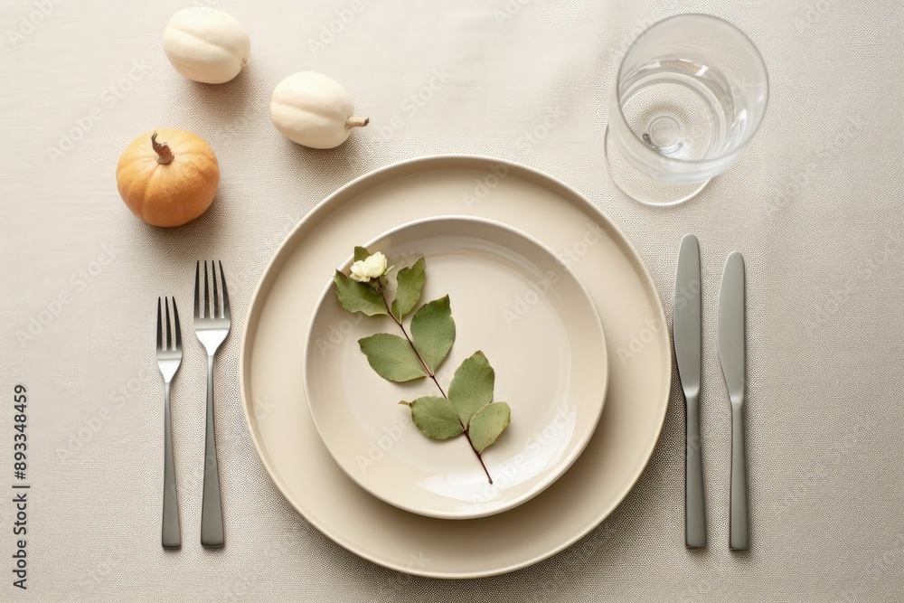 Autumn Table Setting with Neutral Colored Dishes and Fall Leaves Autumn Table Setting with Neutral Colored Dishes and Fall Leaves