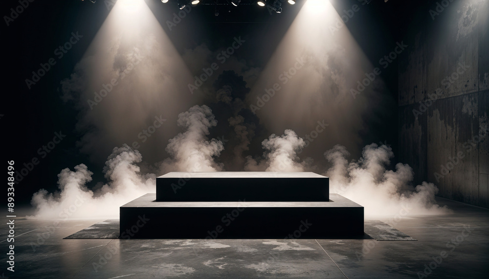 Dark Podium with Smoky Background and Dramatic Lighting for Product Display Dark Podium with Smoky Background and Dramatic Lighting for Product Display