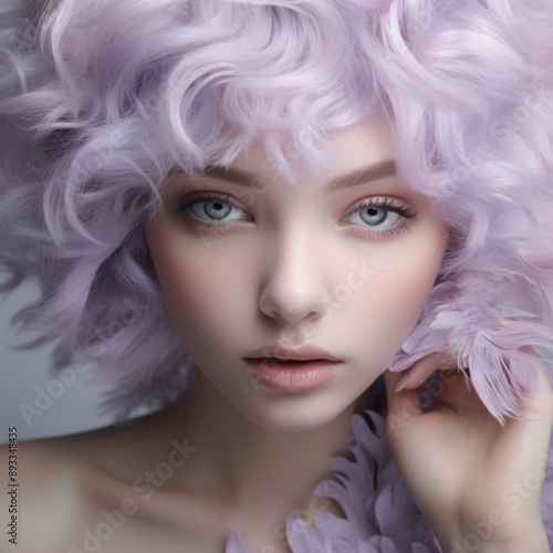 a close up of a face of a girl with green eyes, with lavender pastel cascade color hair, soft appearance