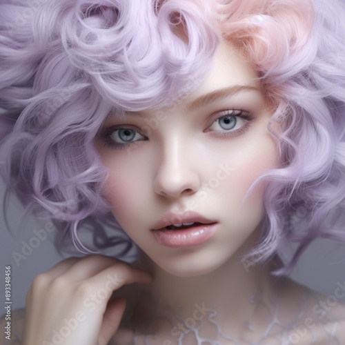 a close up of a face of a girl with green eyes, with lavender pastel cascade color hair, soft appearance