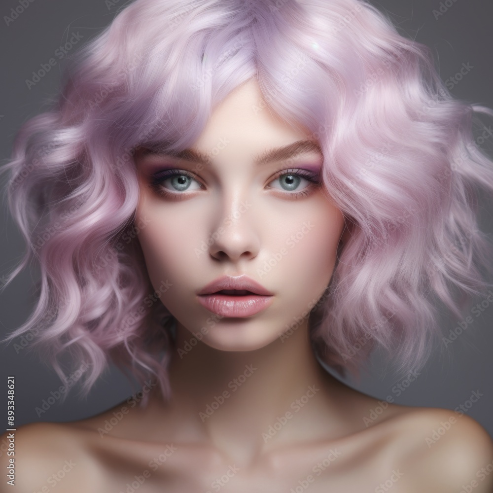 a close up of a face of a girl with green eyes, with lavender pastel cascade color hair, soft appearance a close up of a face of a girl with green eyes, with lavender pastel cascade color hair, soft appearance