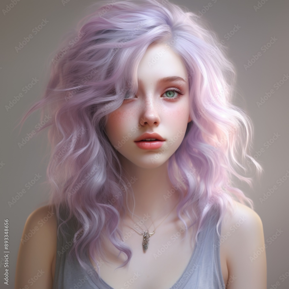 a close up of a face of a girl with green eyes, with lavender pastel cascade color hair, soft appearance a close up of a face of a girl with green eyes, with lavender pastel cascade color hair, soft appearance