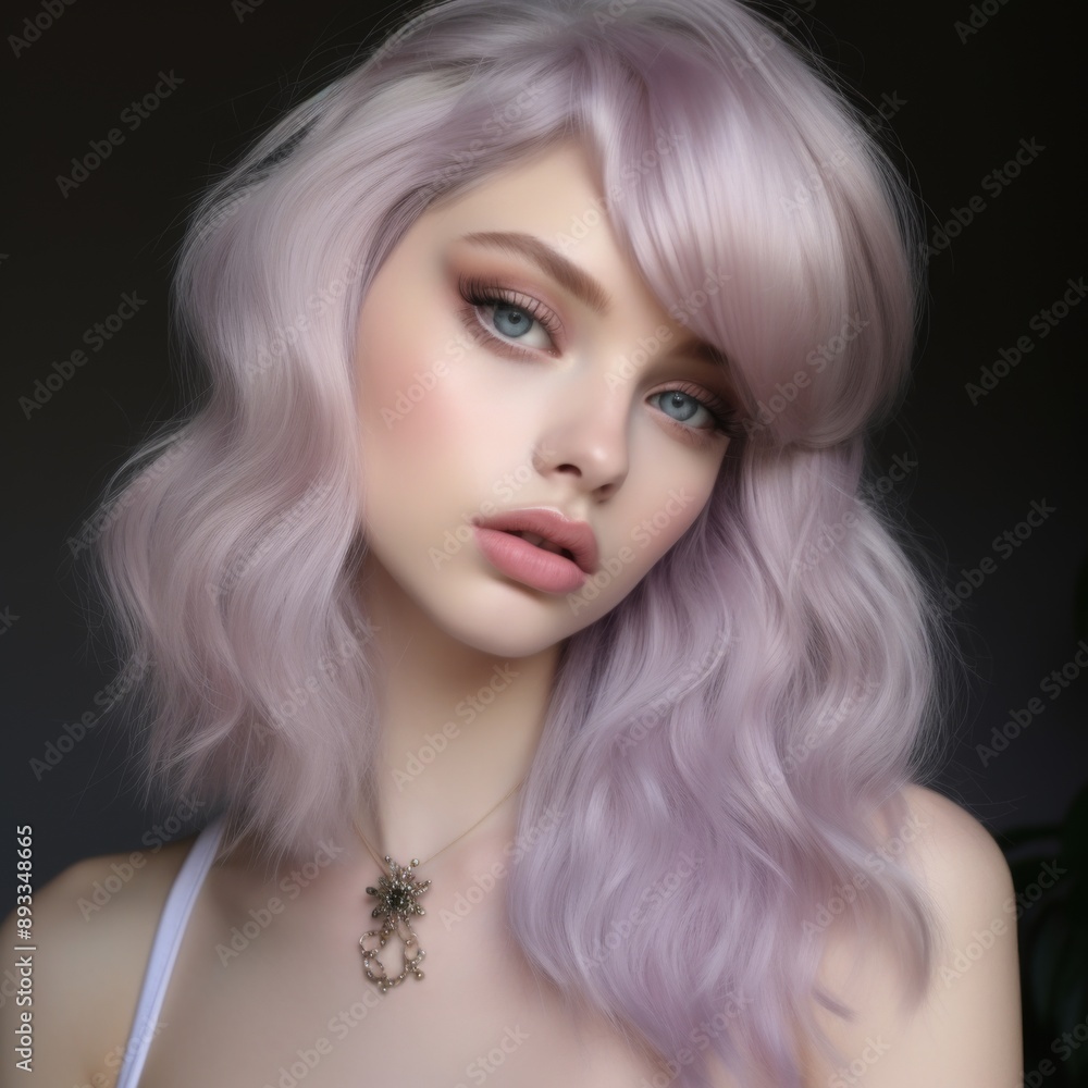 a close up of a face of a girl with green eyes, with lavender pastel cascade color hair, soft appearance a close up of a face of a girl with green eyes, with lavender pastel cascade color hair, soft appearance