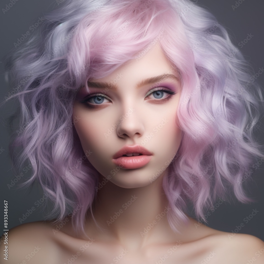 a close up of a face of a girl with green eyes, with lavender pastel cascade color hair, soft appearance a close up of a face of a girl with green eyes, with lavender pastel cascade color hair, soft appearance