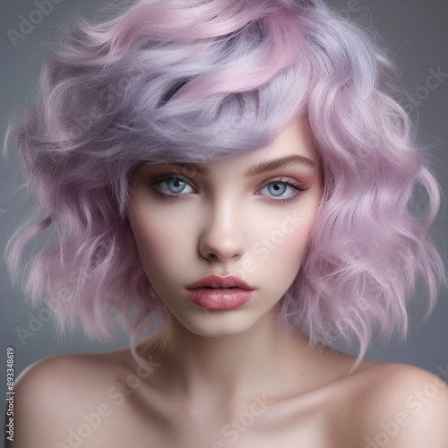 a close up of a face of a girl with green eyes, with lavender pastel cascade color hair, soft appearance