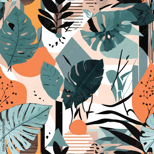 Beach cheerful seamless pattern wallpaper of tropical dark green leaves of palm trees and flowers bird of paradise (strelitzia) plumeria on a watercolor background