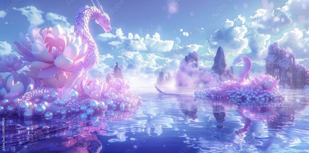 3d render of magical fantasy water scene with blue and purple gradient sky, fantasy flowers on floating islands. 3d render of magical fantasy water scene with blue and purple gradient sky, fantasy flowers on floating islands.