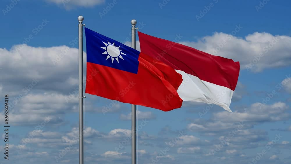 Indonesia and Taiwan flags flying together, video concept of the relationship, two country relations concept Indonesia and Taiwan flags flying together, video concept of the relationship, two country relations concept