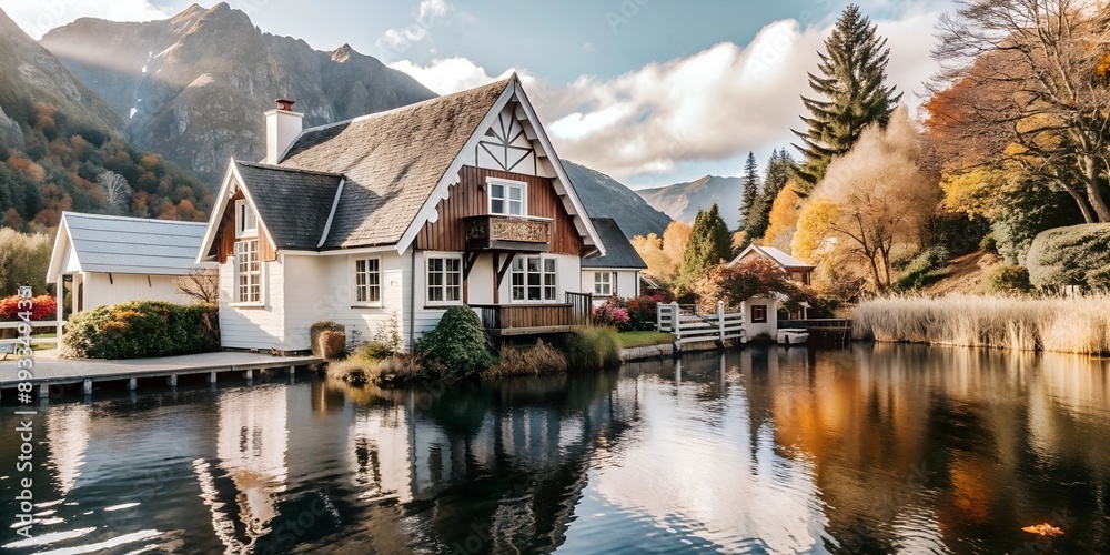 Fototapeta premium A house in the mountains near a mirror lake, autumn landscape, desktop wallpaper, autumn trees background,