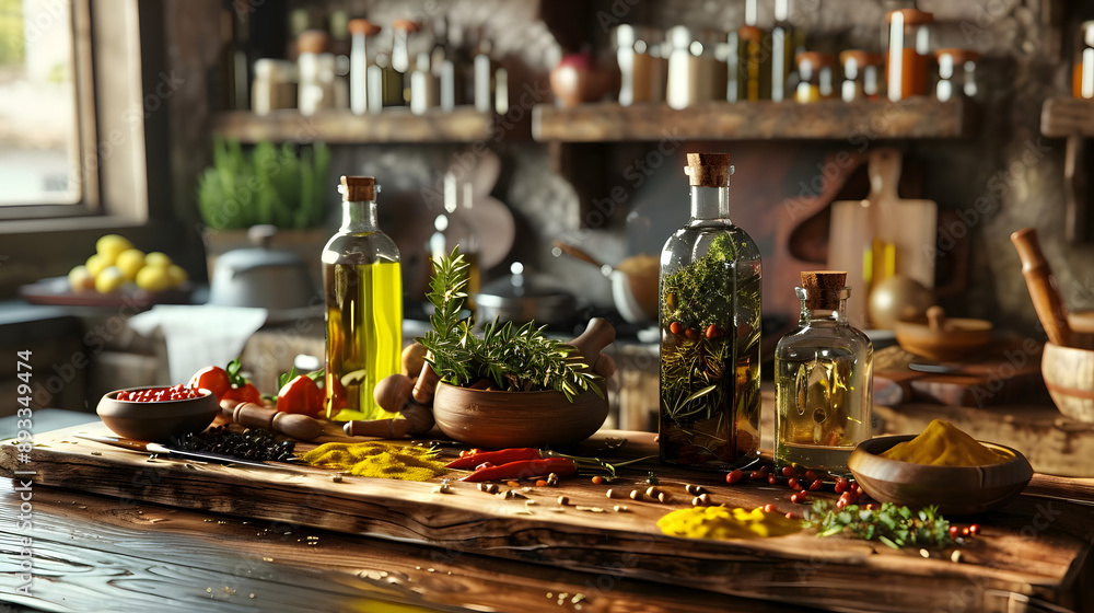 Traditional kitchen setting with olive oil spices and condiments Traditional kitchen setting with olive oil spices and condiments