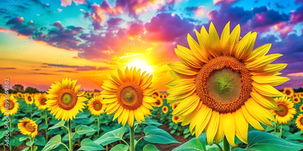 Obraz premium Landscape of sunflowers at sunset in the field, bright background, both flowers are yellow