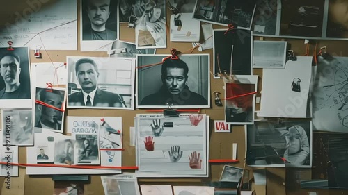 Detective board with crime scene photos, stickers, clues and red thread, closeup