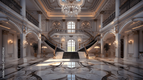 Grand mansion foyer with sweeping staircase and marble floors