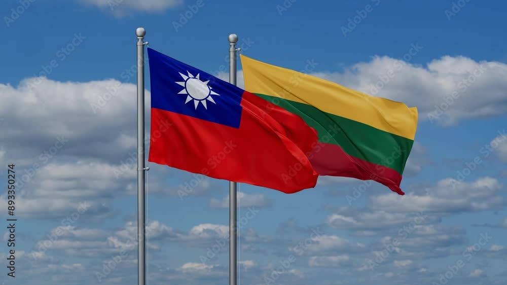 Lithuania and Taiwan flags flying together, video concept of the relationship, two country relations concept Lithuania and Taiwan flags flying together, video concept of the relationship, two country relations concept