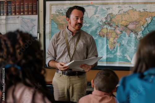 Engaging History Lesson: Teacher Educating High School Students with Projector and Maps in Classroom