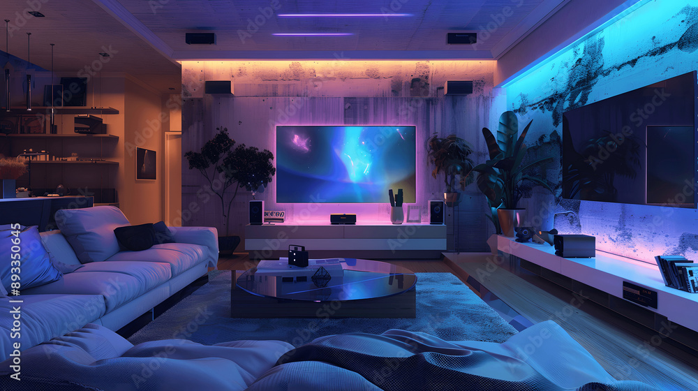 Modern living room with OLED TV and smart home hub Modern living room with OLED TV and smart home hub