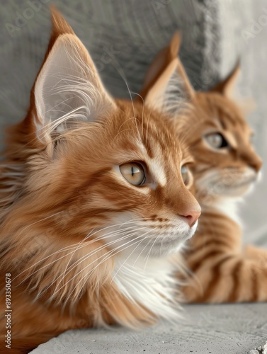 Two cute ginger cats with white chests and paws rest peacefully on smooth concrete. Gazing into the distance with fluffy fur and captivating eyes