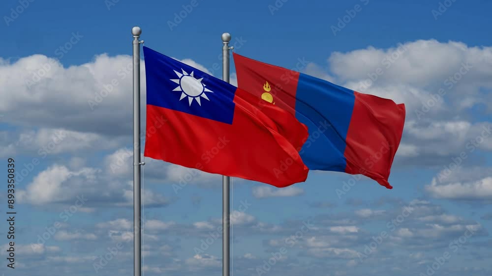 Mongolia and Taiwan flags flying together, video concept of the relationship, two country cooperation concept Mongolia and Taiwan flags flying together, video concept of the relationship, two country cooperation concept