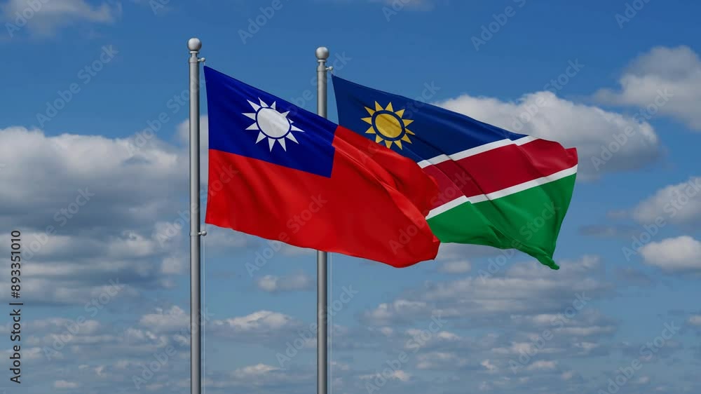 Taiwan and Namibia flags flying together, video concept of the relationship, two country relations concept Taiwan and Namibia flags flying together, video concept of the relationship, two country relations concept