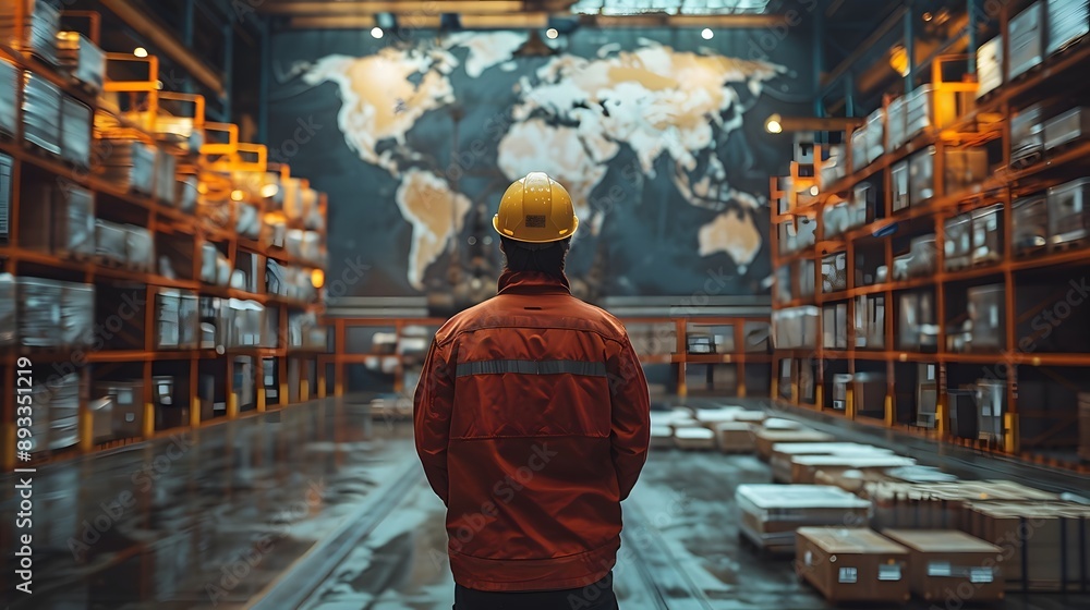Fototapeta premium Back view of a warehouse worker standing before a world map highlighting global trade interactions. Cinematic, realistic photo with professional color grading