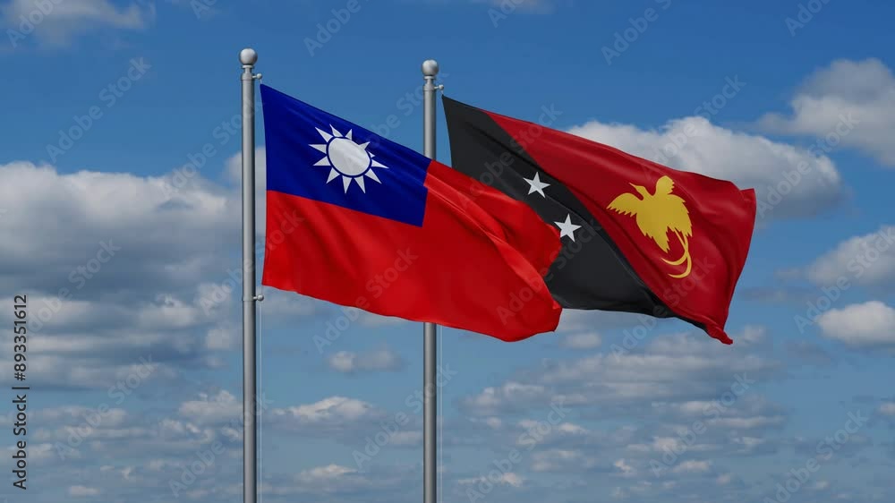 Papua New Guinea and Taiwan flags flying together, video concept of the relationship, two country relations concept Papua New Guinea and Taiwan flags flying together, video concept of the relationship, two country relations concept