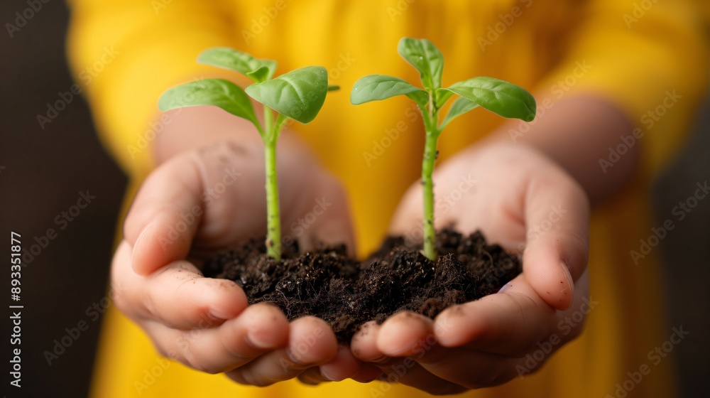 Child holding soil with plants sprouting, symbolizing care for nature and hope for the future. Embracing growth and new beginnings in gardening Child holding soil with plants sprouting, symbolizing care for nature and hope for the future. Embracing growth and new beginnings in gardening