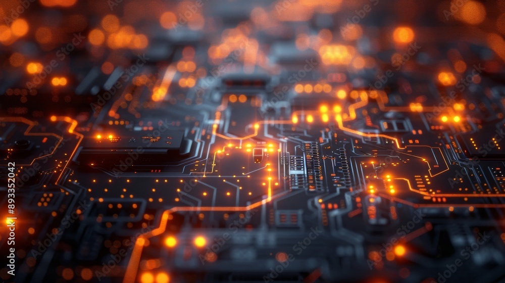 A close-up capture of an illuminated circuit board highlighting the details and complexity of electronic technology. A close-up capture of an illuminated circuit board highlighting the details and complexity of electronic technology.