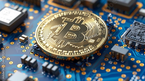Bitcoin cryptocurrency tokens are prominently displayed on a complex electronic circuit board, symbolizing the intersection of digital finance and technology.