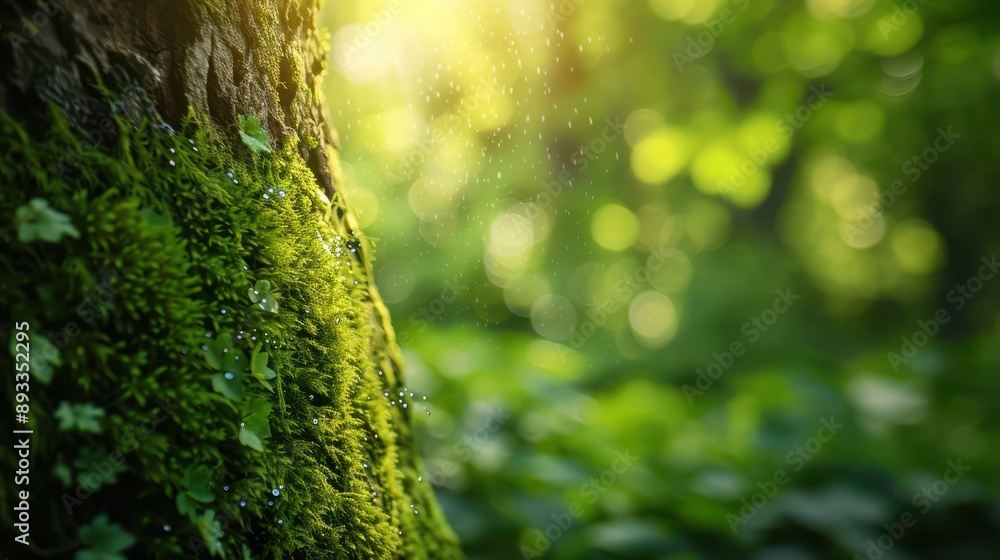 Fototapeta premium A close-up of vibrant green moss covering a tree trunk, detailed texture with tiny water droplets