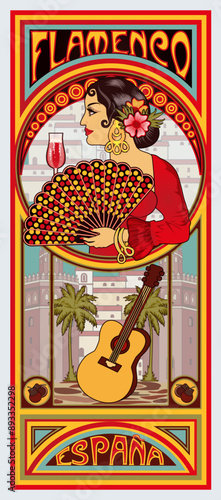 Spanish flamenco woman with fan and wineglass in art nouveau style, vector illustration