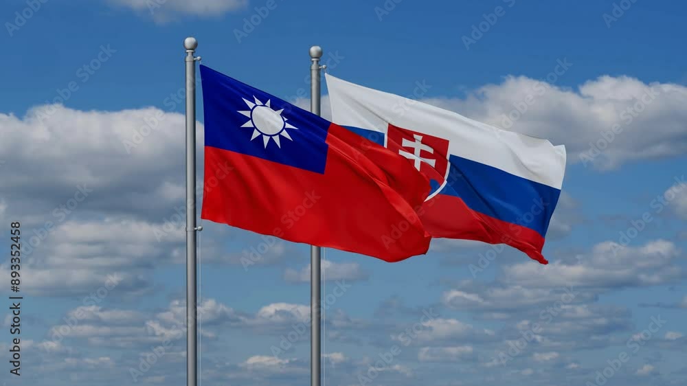 Slovak Republic or Slovakia and Taiwan flags flying together, video concept of the relationship, two country cooperation concept Slovak Republic or Slovakia and Taiwan flags flying together, video concept of the relationship, two country cooperation concept