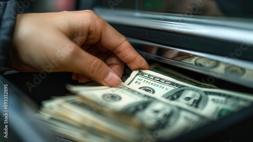 Closeup of a hand placing money in a business cash box, financial transaction, wealth security, photo realistic photo