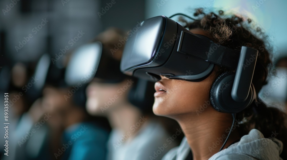 Crowd of individuals engrossed in virtual reality, each wearing VR headsets in a shared indoor space, highlighting the collective enthusiasm for immersive technology. Crowd of individuals engrossed in virtual reality, each wearing VR headsets in a shared indoor space, highlighting the collective enthusiasm for immersive technology.