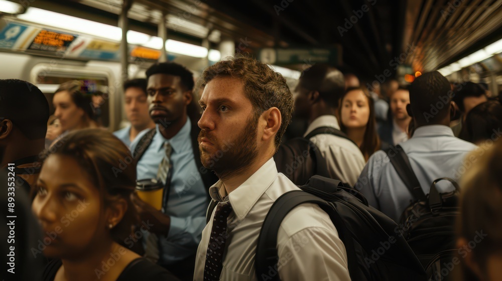 A close-up photograph of office workers, standing tightly packed in a train, after work hours A close-up photograph of office workers, standing tightly packed in a train, after work hours