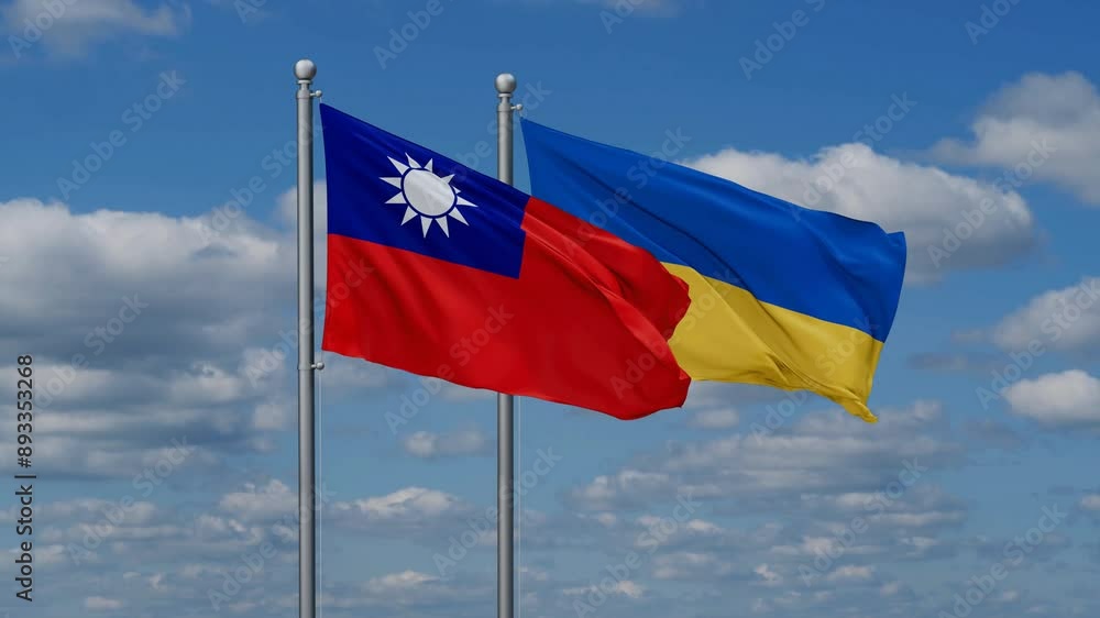Ukraine and Taiwan flags flying together, video concept of the relationship, two country relations concept Ukraine and Taiwan flags flying together, video concept of the relationship, two country relations concept
