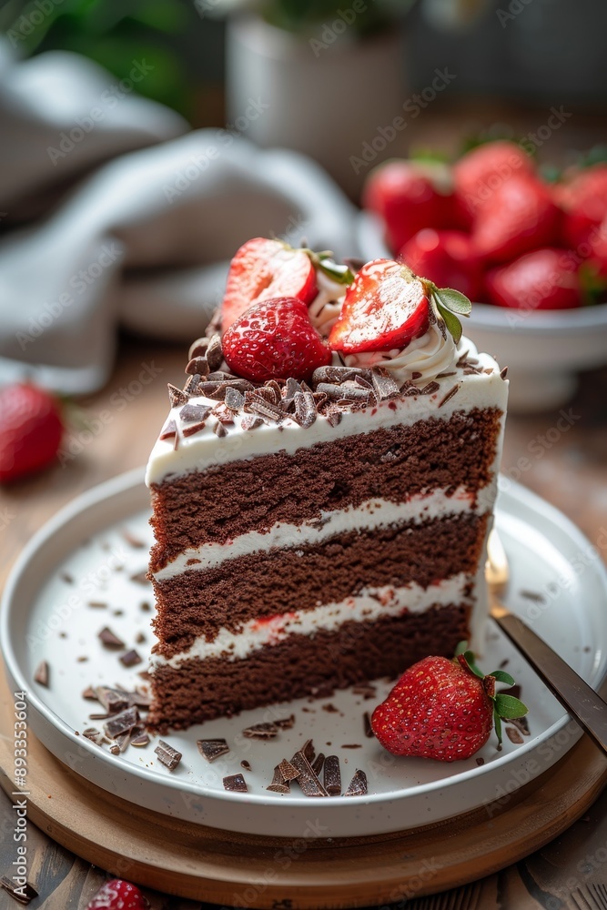1. Chocolate cake slice with strawberries and cream on a white plate