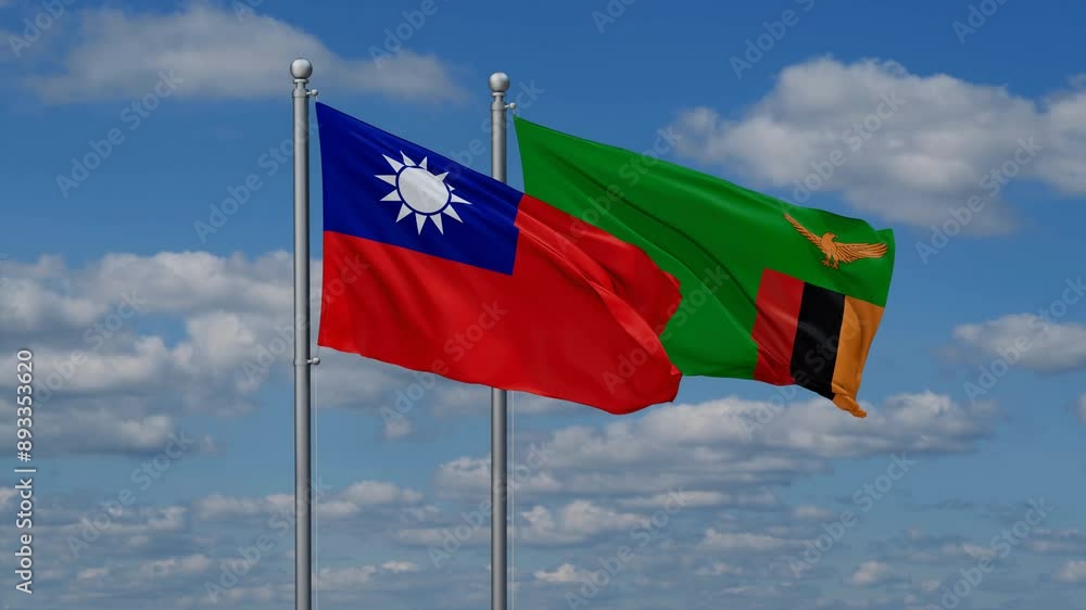 Zambia and Taiwan flags flying together, video concept of the relationship, two country cooperation concept Zambia and Taiwan flags flying together, video concept of the relationship, two country cooperation concept