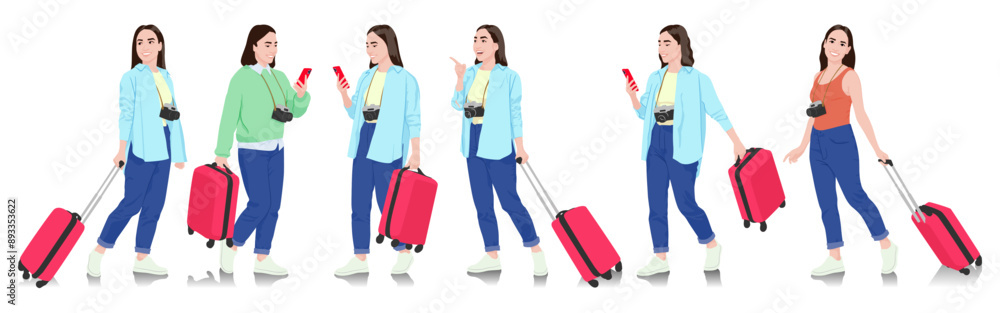 Young woman tourist with camera and smartphone. Female in casual clothes with a suitcase, passport, and tickets. Young female traveler goes on a journey. Vector illustration set isolated on white Young woman tourist with camera and smartphone. Female in casual clothes with a suitcase, passport, and tickets. Young female traveler goes on a journey. Vector illustration set isolated on white
